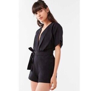 URBAN OUTFITTERS Ruby Linen Dolman Sleeve Faux Wrap Belted Romper Black Womens 2